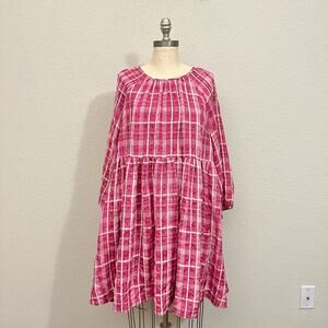 MADEWELL Shirred Babydoll Mini Dress Plaid Balloon Sleeve Peasant